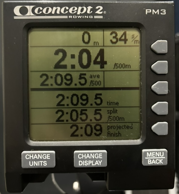 Workout data displayed at the end of a workout on a Concept 2 PM3 screen. 500m row workout